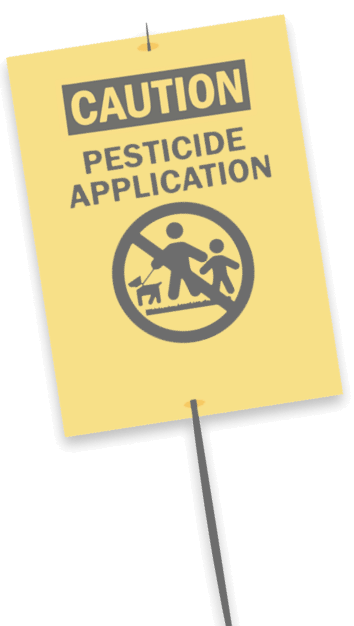 Caution sign that reads 'Caution: pesticide application. Keep off.'